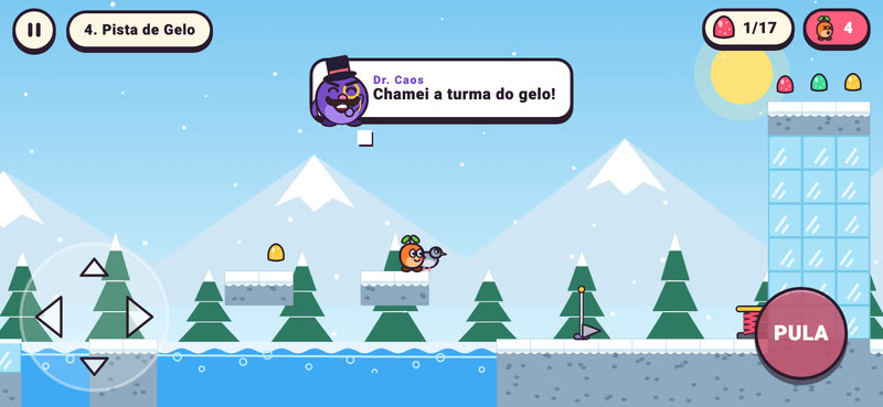Fase Pista de Gelo: o Tico numa ilhota sobre um lago congelado, com pinheiros nevados e um pombo voando.