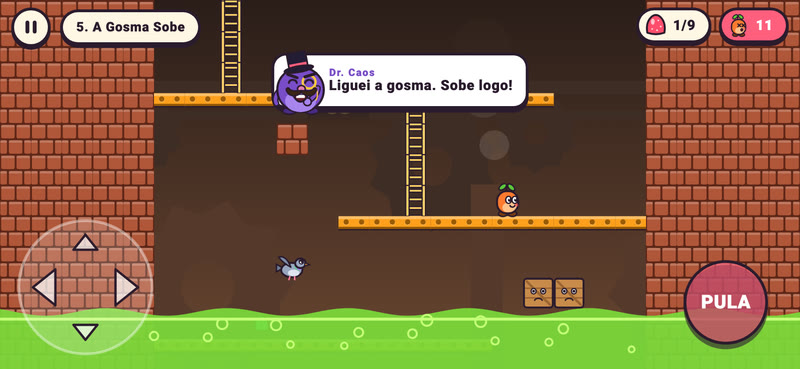 Fase A Gosma Sobe: o Tico numa viga dentro de uma torre de tijolos, com a gosma verde subindo logo abaixo.