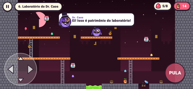 Fase Laboratório do Dr. Caos: o vilão no meio da sala, entre vigas, escadas e potes de jujuba.