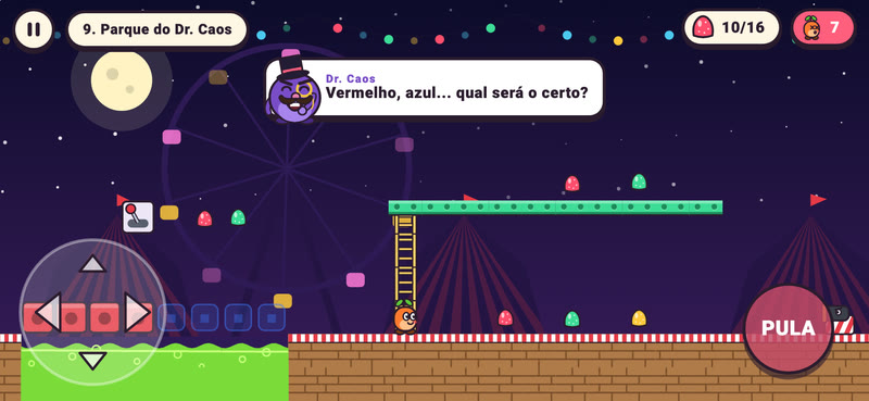 Fase Parque do Dr. Caos: blocos vermelhos e azuis sobre a gosma, um interruptor e uma roda-gigante ao fundo.
